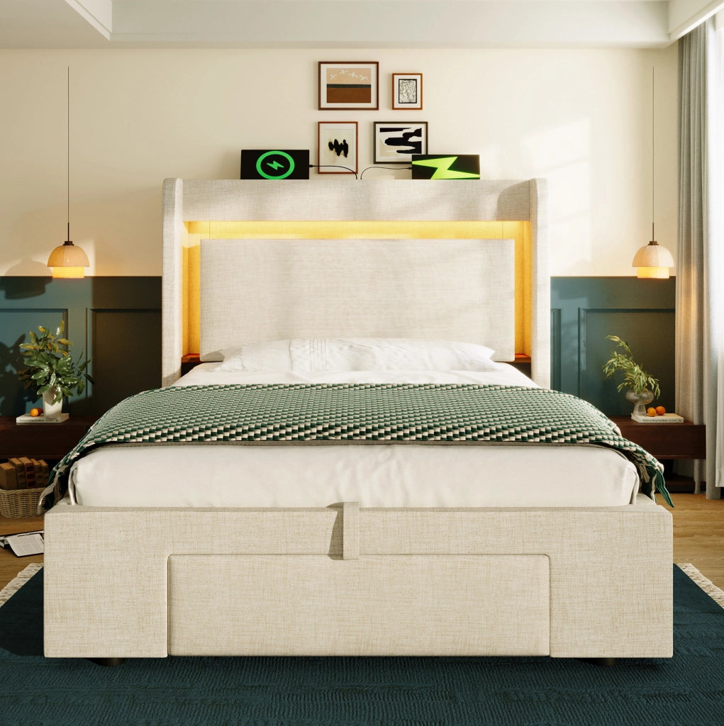 Letto imbottito 90x200 beige con LED, USB-C, contenitore e materasso