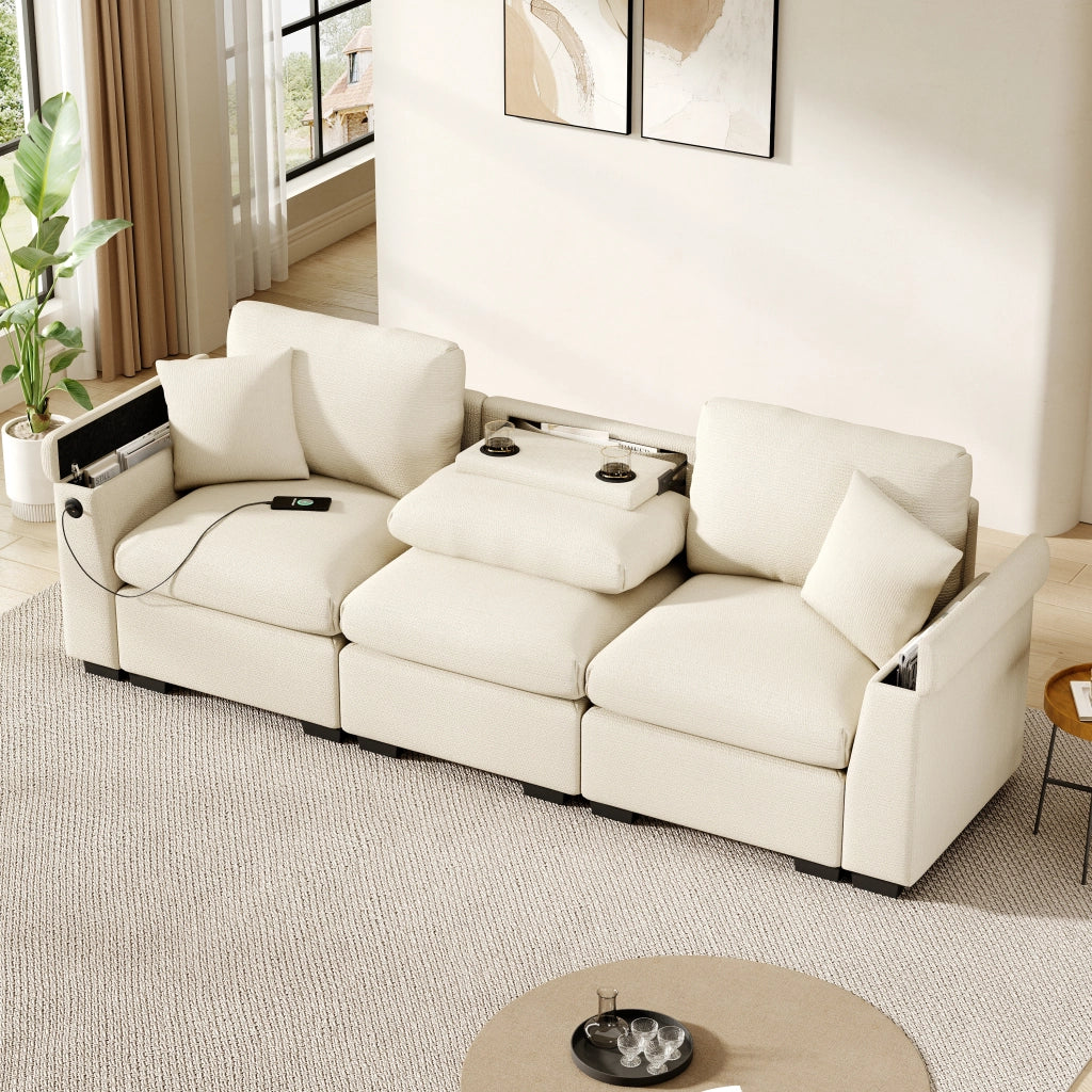 Divano lineare 3 posti con tavolino ribaltabile; USB e contenitore in chenille beige