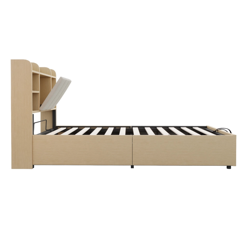 LETTO Contenitore Idraulico 90x200 cm MDF Colore Legno Naturale con USB e USB-C