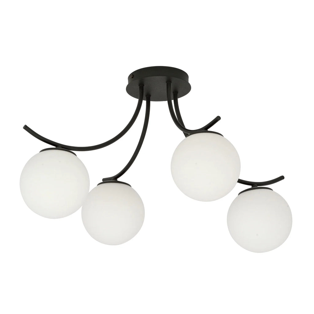 Plafoniera Moderna 4 Luci Coeo In Acciaio Nero E Diffusori In Vetro Opale
