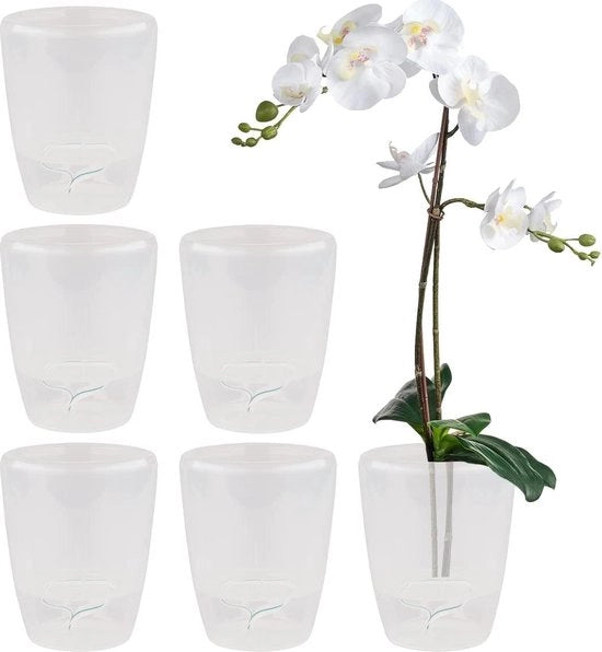 Set di vasi autoirriganti per orchidee - 6 pezzi - diametro 12 cm - sistema di evaporazione - indicatore del livello dell'acqua - trasparente - 13 litri