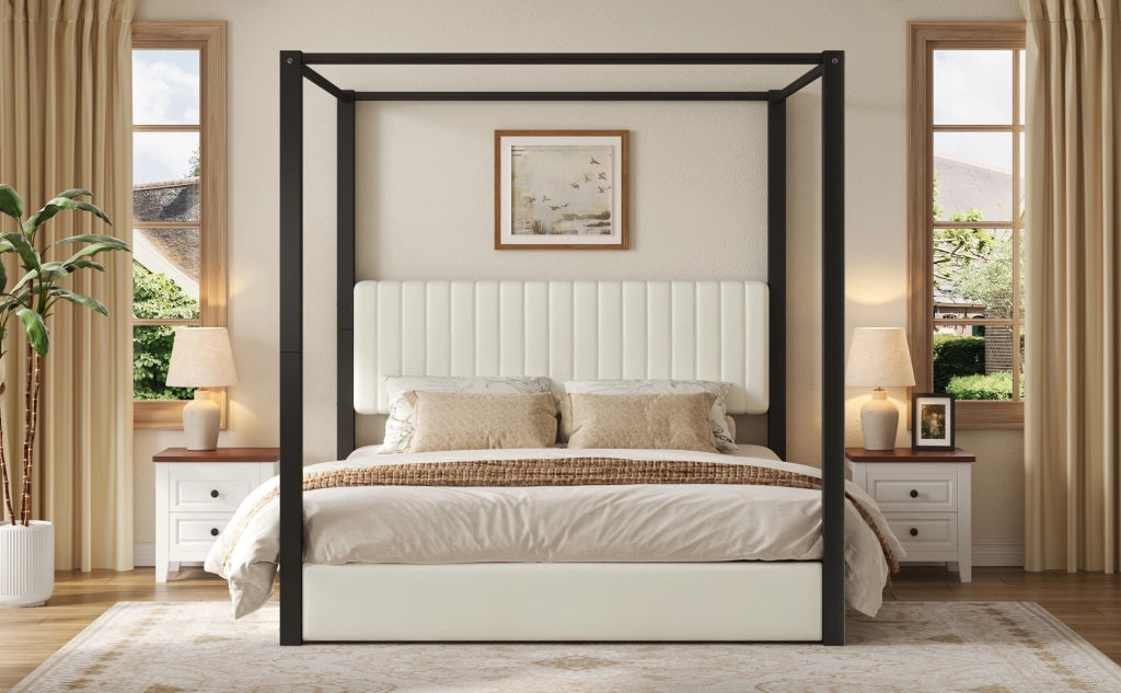 Letto matrimoniale 180 × 200 cm a baldacchino con testiera imbottita, struttura in metallo, senza materasso, beige e nero
