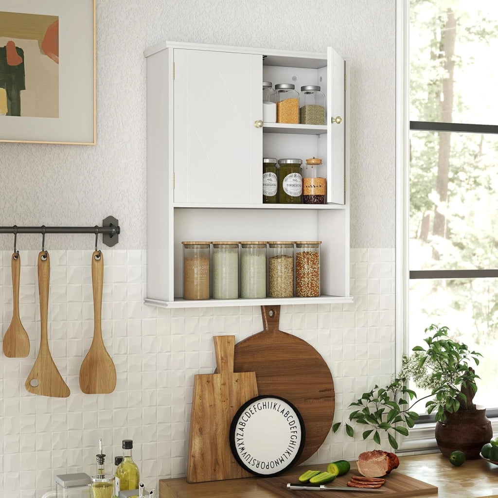 Mobile da Bagno da Parete, Mobiletto Salvaspazio a Muro a 2 Ante con Ripiano Aperto e Ripiano Regolabile, Armadietto per Cucina, Soggiorno e Ingresso, 60 x 21 x 75 cm (Bianco)