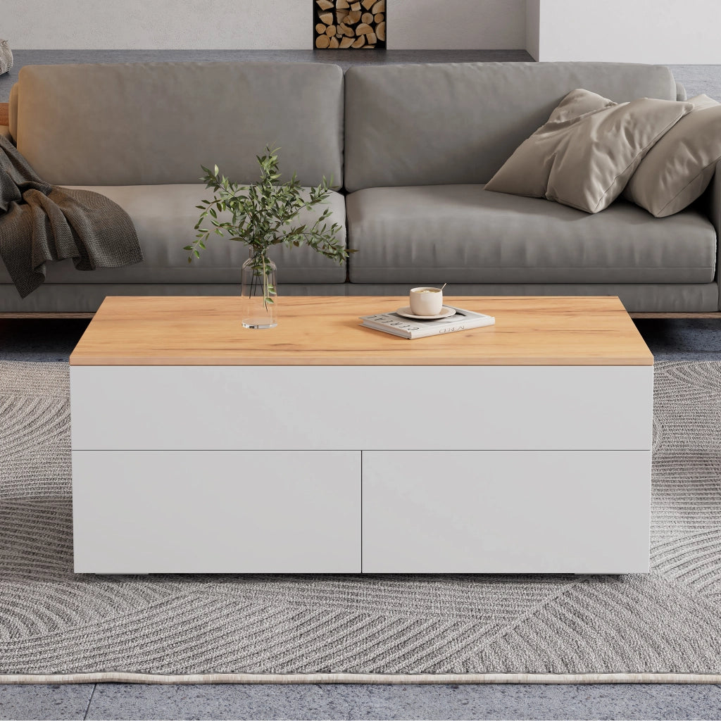 OKWISH Tavolino da Caffè Alzabile con 2 Cassetti e Vani Semiaperti, per Soggiorno, in Pannello di Particelle, Bianco, 100×50×40 cm