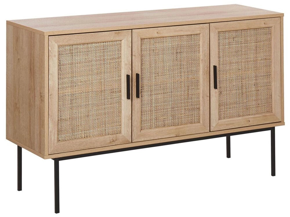Credenza Moderna a 3 Cassetti con Fronte in Vimini 72 x 120 cm Legno Chiaro