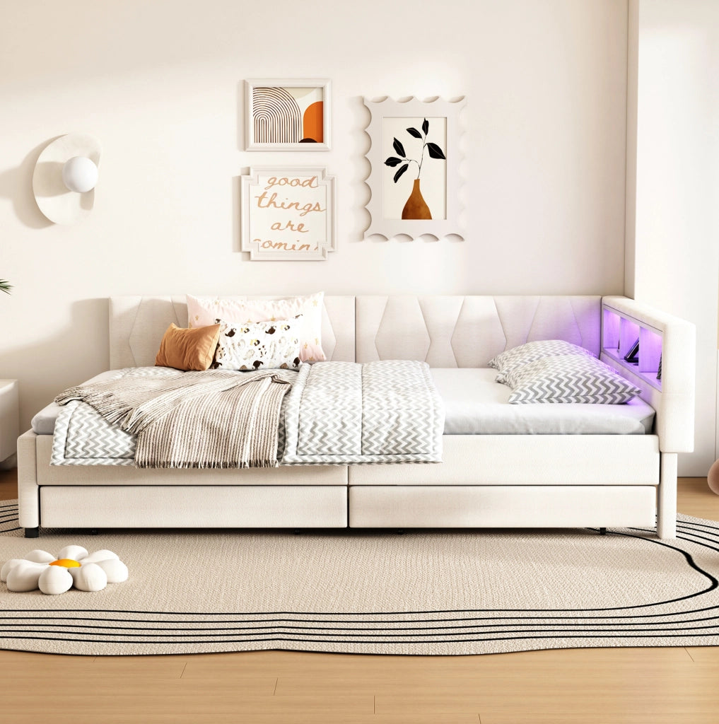 Letto da giorno 140x200 cm beige con LED, USB-C, cassetti e vani
