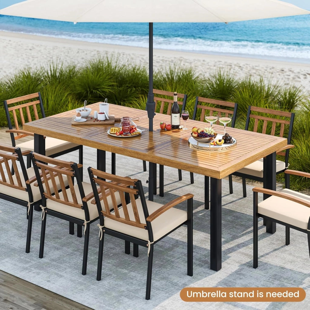 Tavolo da Giardino con Foro per Ombrellone, Tavolo da Pranzo in Legno di Acacia, Tavolo Rettangolare per 8 Persone, 200 x 100 x 75 cm, per Esterni, Balcone, Cortile, Patio (Modello C)
