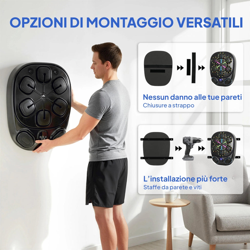 Macchina da Boxe Musicale a Parete con 9 Modalit¨¤, Luci LED e Connessione Bluetooth, 61x48x11 cm, Nero