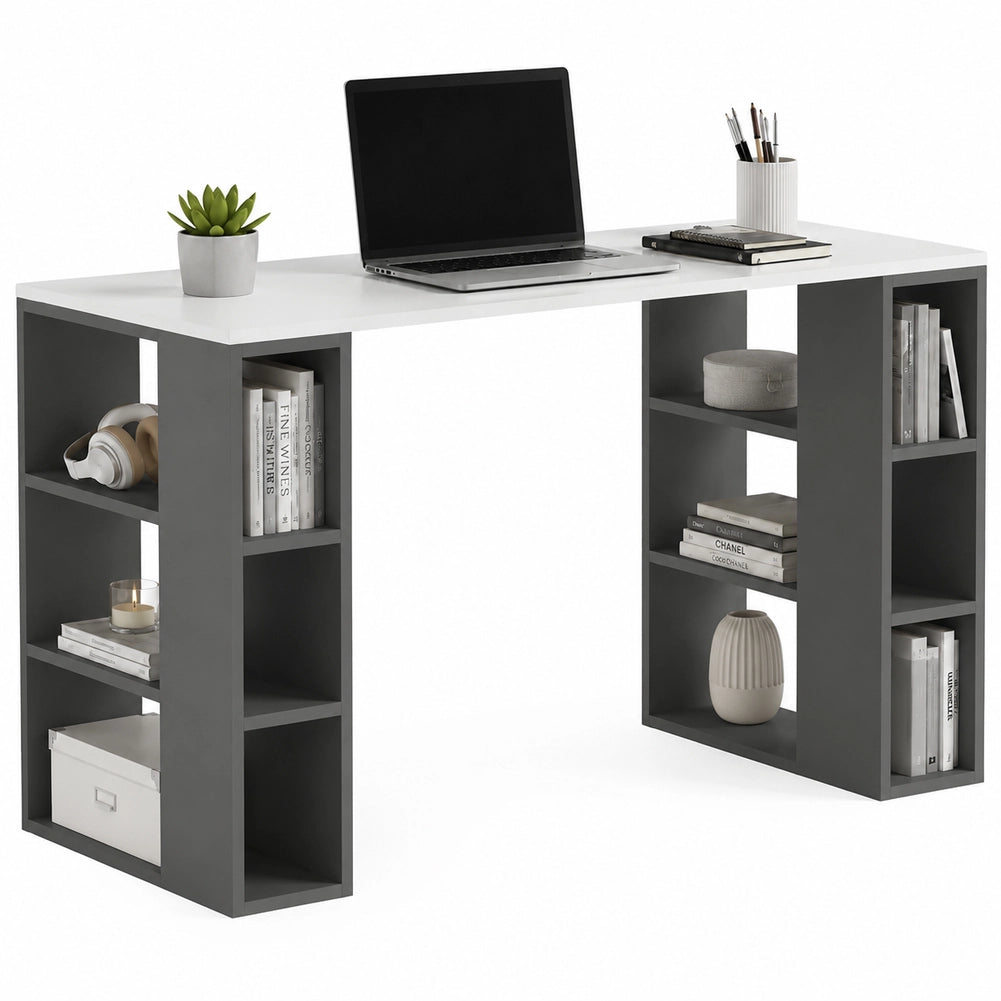 Scrivania Libreria 6 Ripiani Tavolo Porta Computer Casa Ufficio Bianco Antracite
