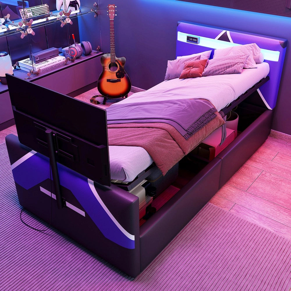 Letto Singolo Gaming 90x200 con LED, Contenitore Idraulico e Supporto TV ¨C Xylo ¨C PU Nero
