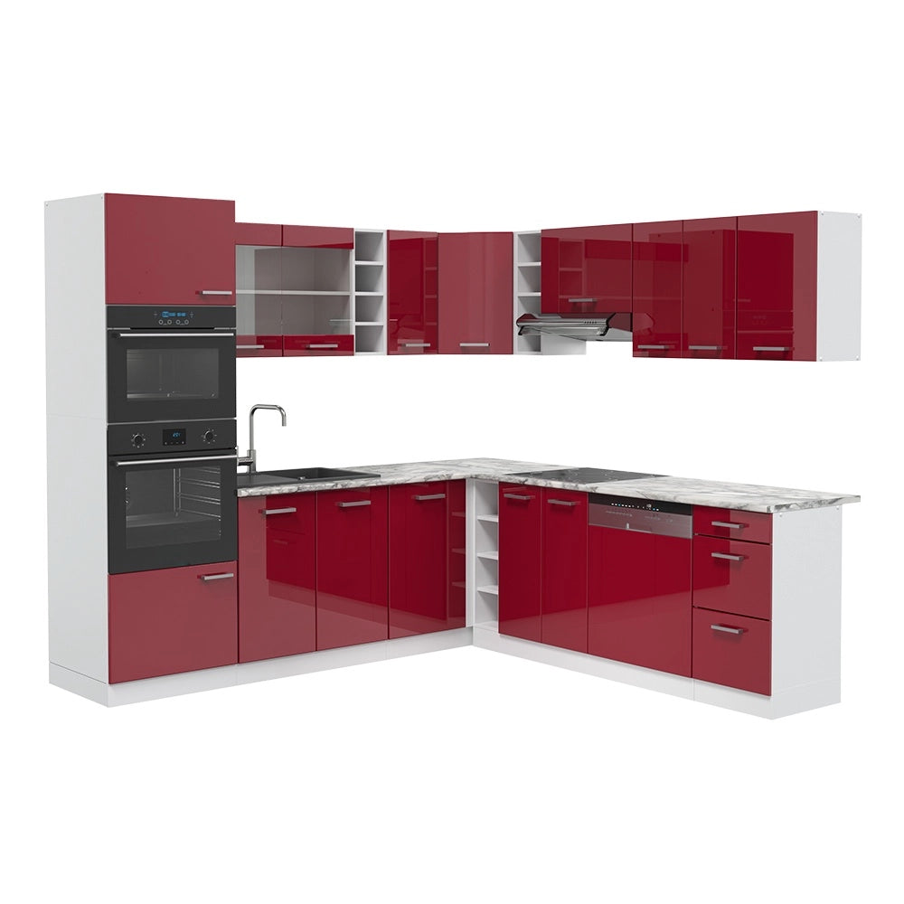 Cucina angolare completa R-Line Rosso lucido/Bianco 247 x 237 cm, PL Marmo Vicco