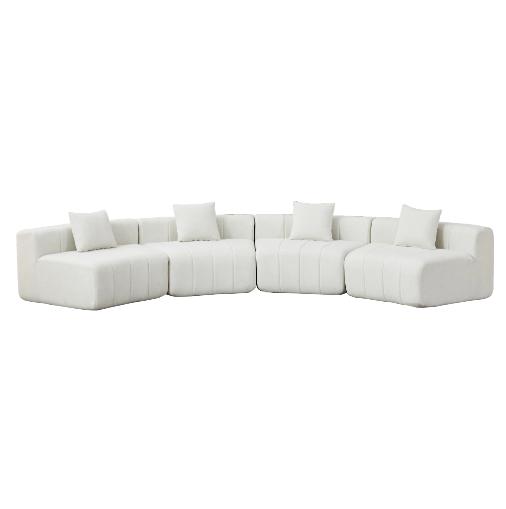 Modulo divano curvo modulare in ciniglia beige con 2 cuscini