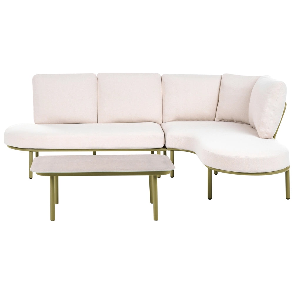 Divano da esterno con tavolino da 4 posti struttura in alluminio,piano ovale in metallo cuscini verde e beige chiaro