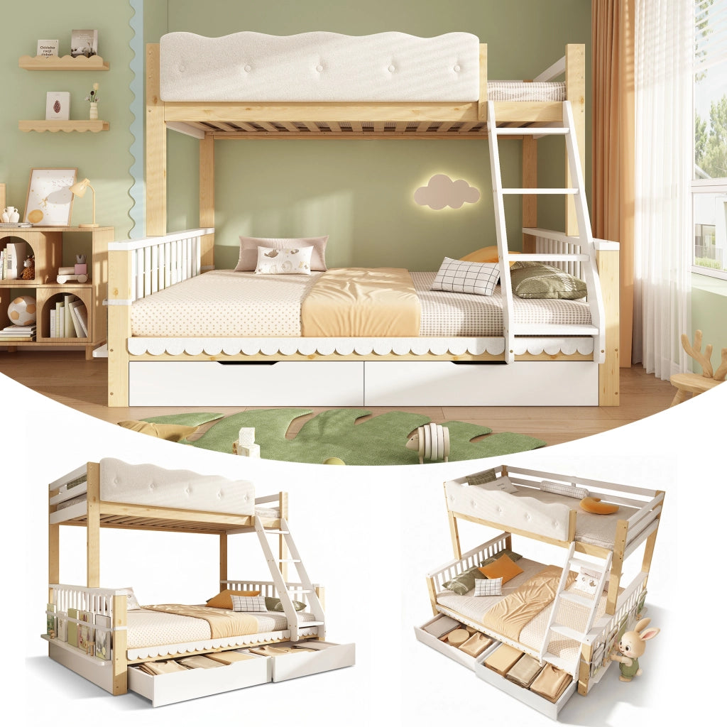 Letto a Castello 90 x 200 cm e 140 x 200 cm; 3 Posti con 2 Cassetti e Portariviste