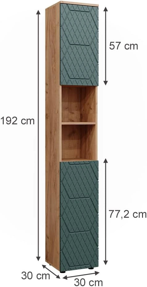 Mobiletto da bagno Irma, Quercia verde/oro, 30 x 192 cm, per la conservazione di accessori da bagno e compatibile con la serie Irma
