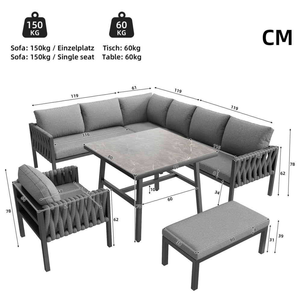 Set da giardino in metallo e poliestere con divano angolare; tavolo in vetro temperato; grigio