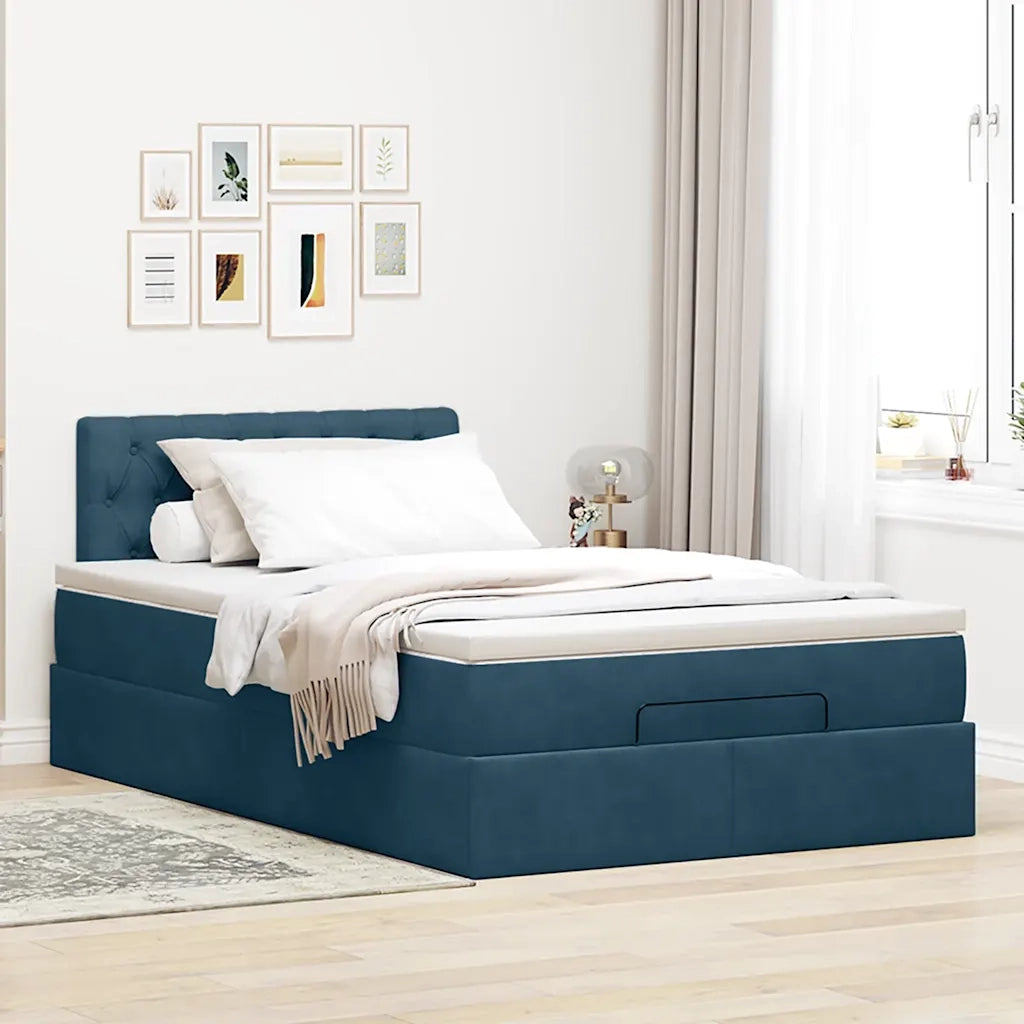 Pouf Letto con Materasso e LED Blu Scuro 120x190cm in Velluto