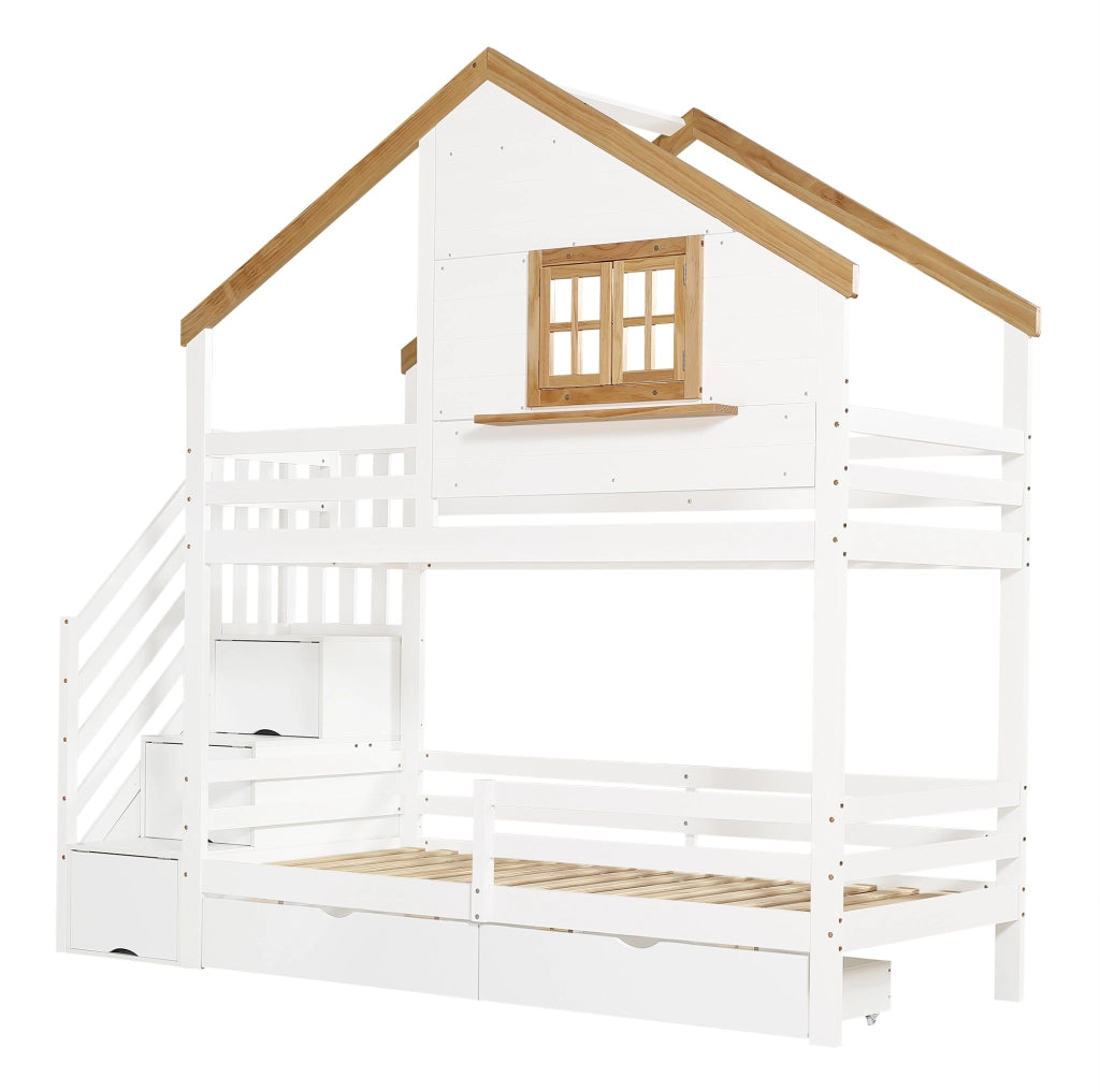 Letto a castello 90x200 cm con cassetti bianco e naturale