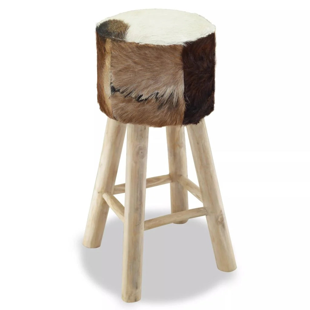 Sgabello da bar di design sedia con seduta in vera pelle e legno di teak rotondo 1202052