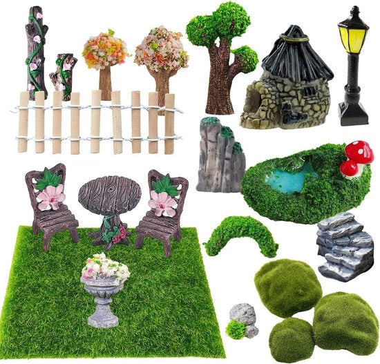 Accessori per casa di bambole, 21 pezzi, decorazione esterna, giardino zen, accessori per giardino, decorazioni per giardino miniature, adatti per decorazione DIY, giardino dei sogni