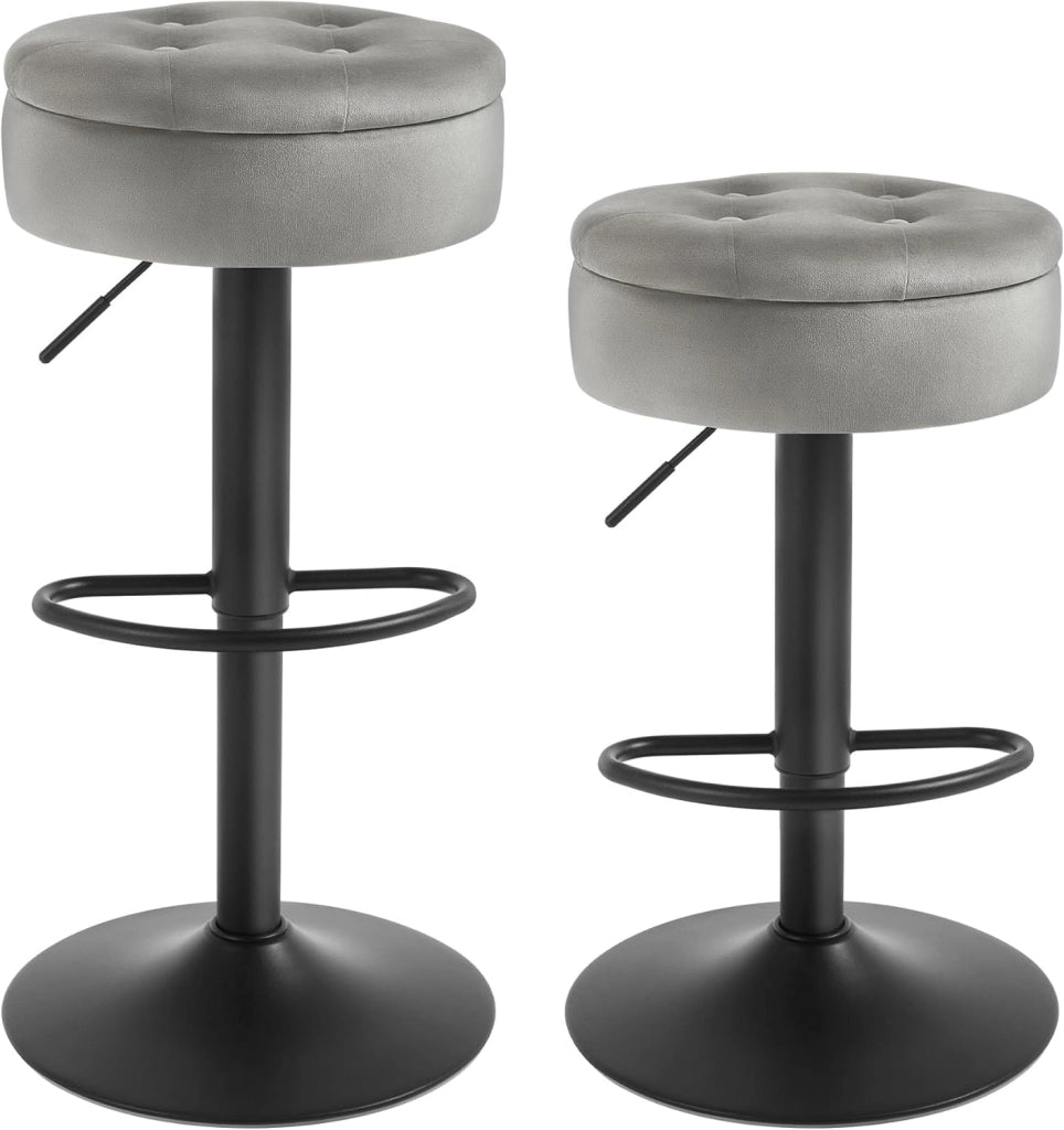Set di 2 Sgabelli da Cucina, Sgabelli da Bar Alti con Spazio Contenitivo, Sedia Regolabili in Altezza e Girevoli a 360°, per Cucina Sala da Pranzo Bar Bancone, Velluto, Metallo, Grigio Scuro