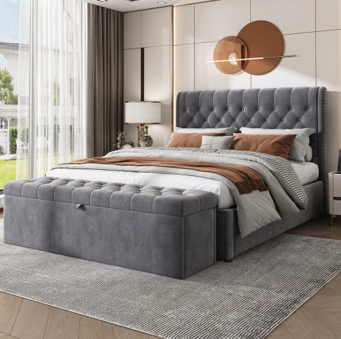 Letto imbottito 140x200 cm in velluto grigio con panca