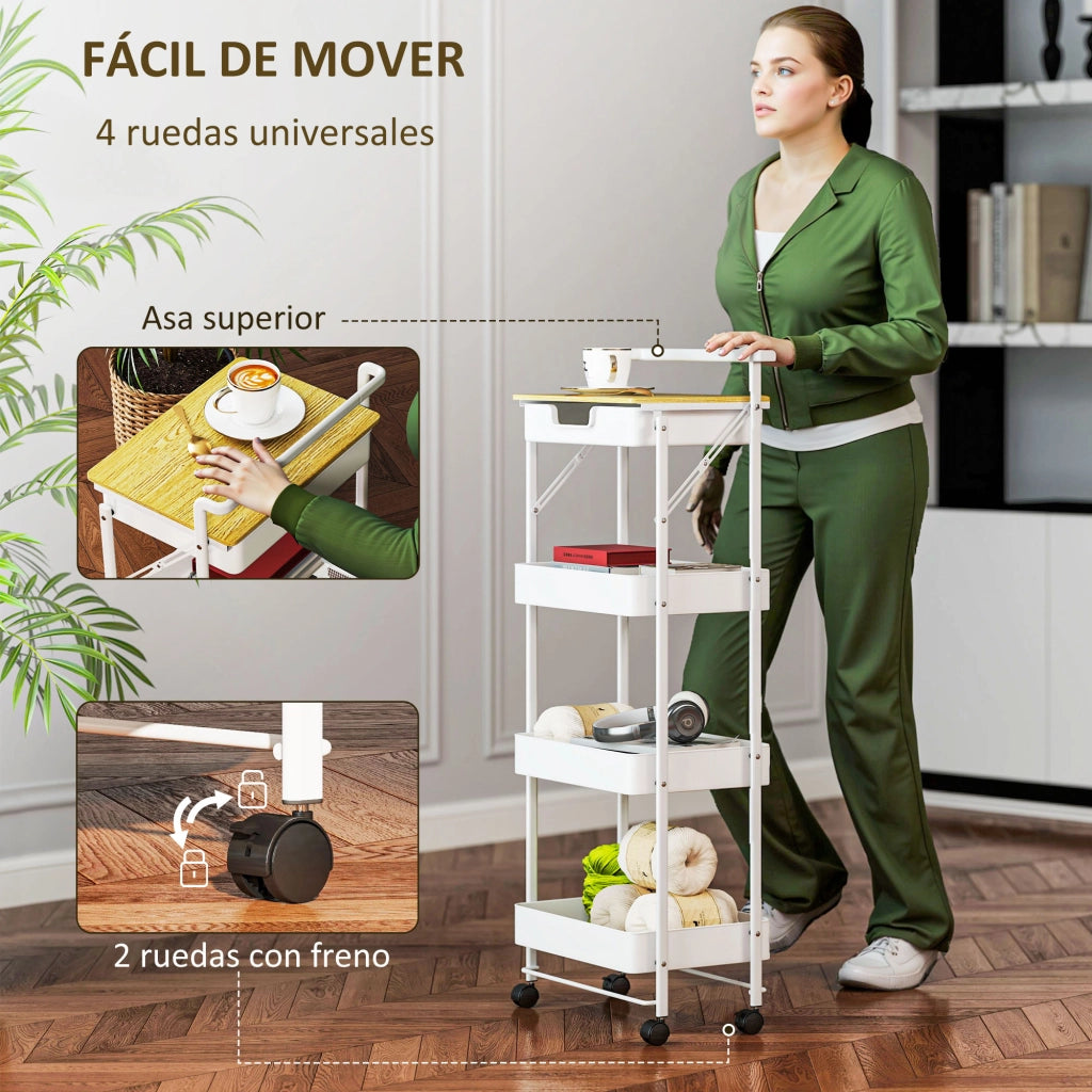 Carrello Cucina 4 Ripiani con Ruote ¨C Xylo ¨C Bianco con Cassetto e Cestelli