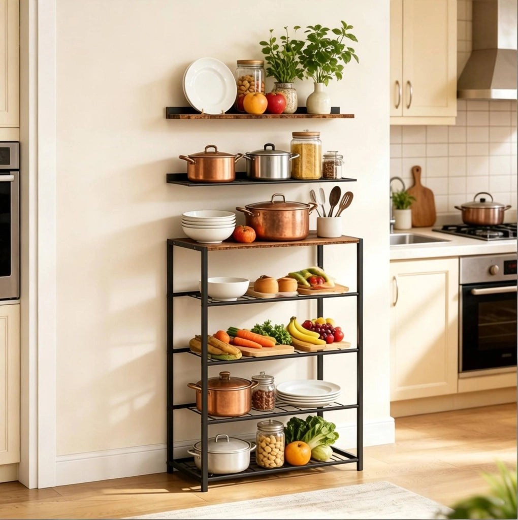 Scarpiera aperta ULEVR 63x30x83 cm con 4 ripiani in rete, MDF e acciaio, marrone rustico e nero