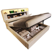 Letto Matrimoniale 140x200 cm; Contenitore; LED; USB e Type-C; in Velluto; Beige