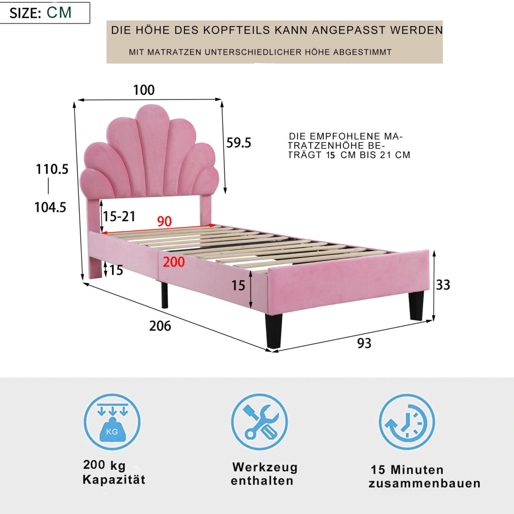 Letto singolo 90x200 cm con testiera a fiore e rete a doghe; velluto rosa