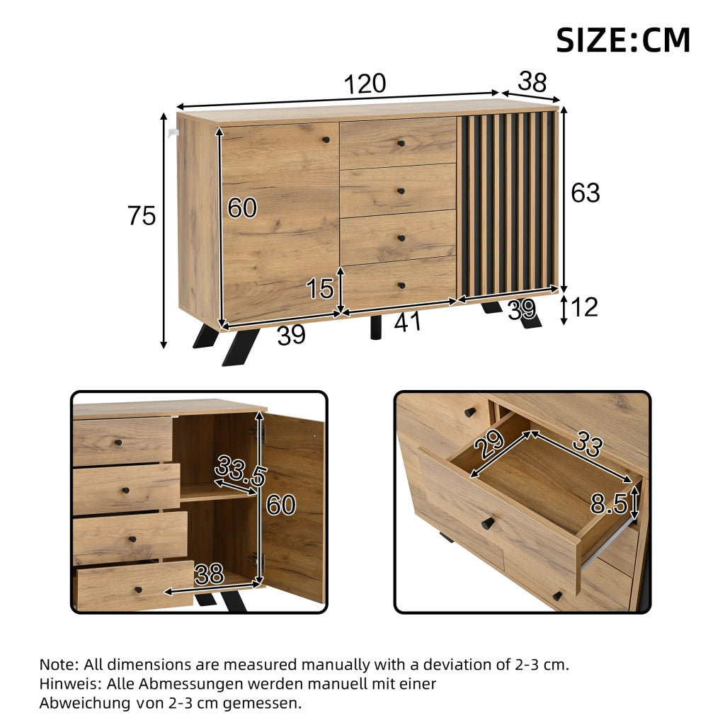 Credenza con 2 vani e 4 cassetti - per soggiorno - in MDF - 120×38×75 cm - nero e legno