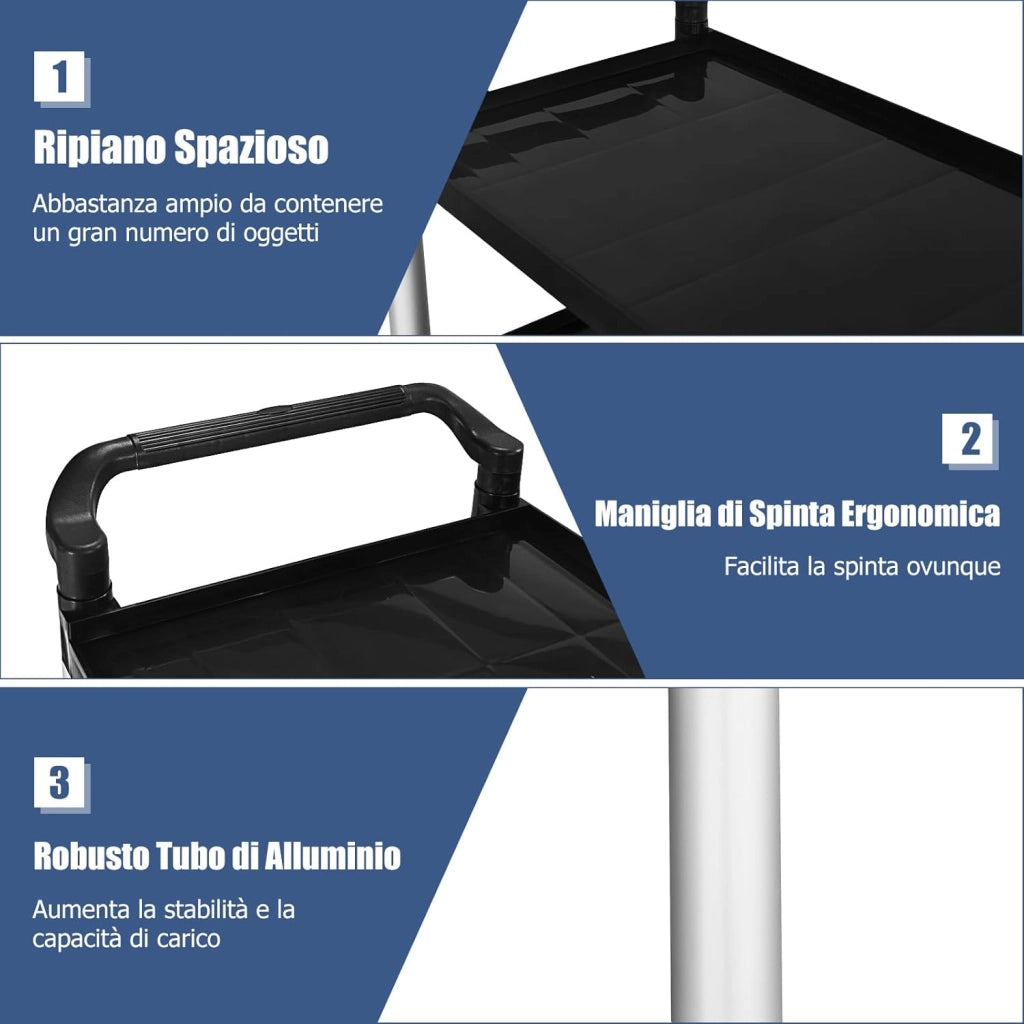 Carrello di Servizio a 3 Ripiani, Carrello Multiuso con Maniglie Ampio Spazio e Ruote Flessibili con Freni, Adatto a Ufficio Ristorante Casa Officina, 103x49x98 cm