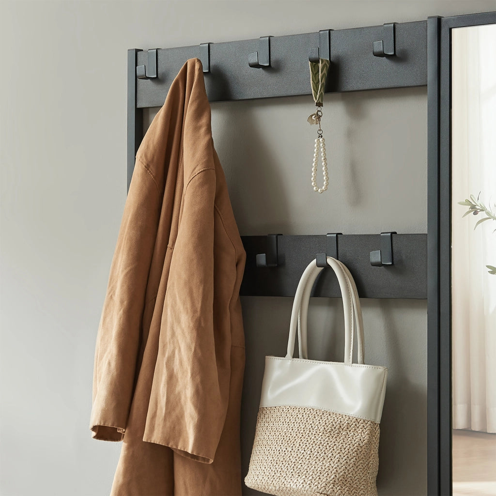 Stand Appendiabiti Napinerg con Specchio Panca e Scarpiera 185 x 98 x 34 cm - Nero [en.casa]