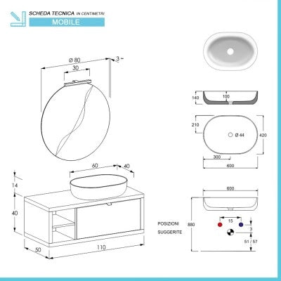 Mobile bagno sospeso 110 cm grigio chiaro con cassetto e vano a giorno completo di lavabo e specchio Master