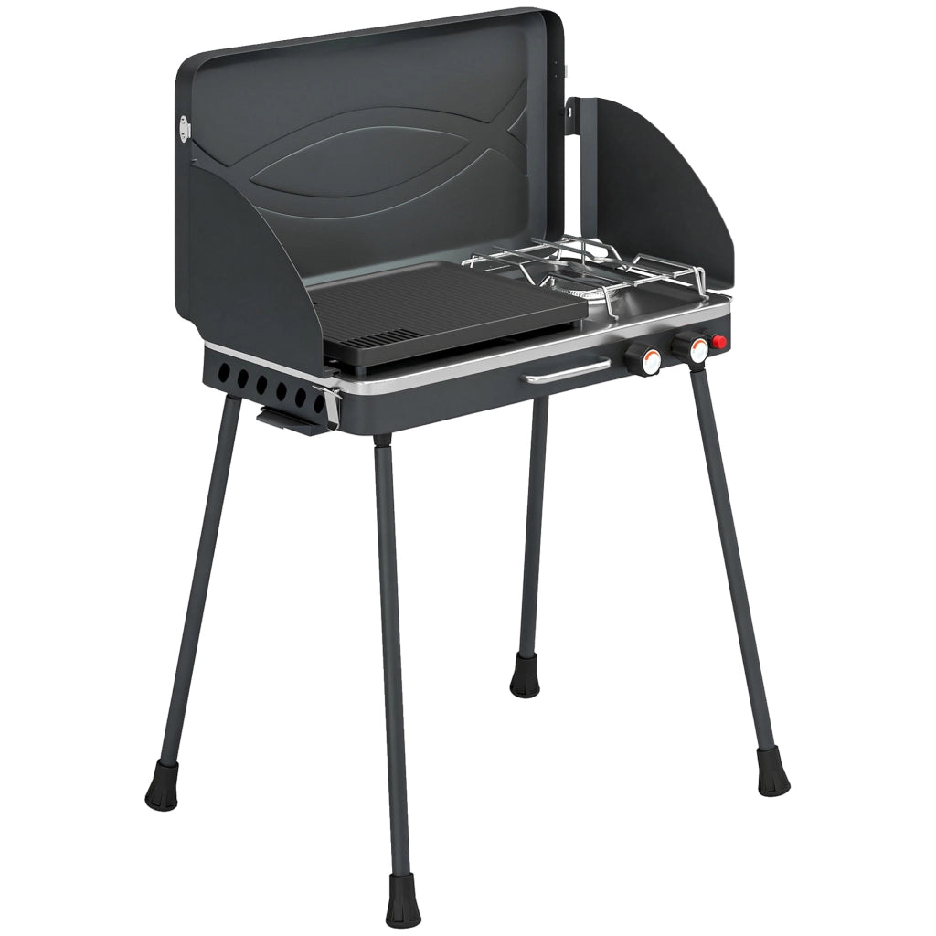 Barbecue a Gas Propano Portatile 61x47x88 cm con Griglia e Fornello 7KW in Alluminio e Metallo Nero