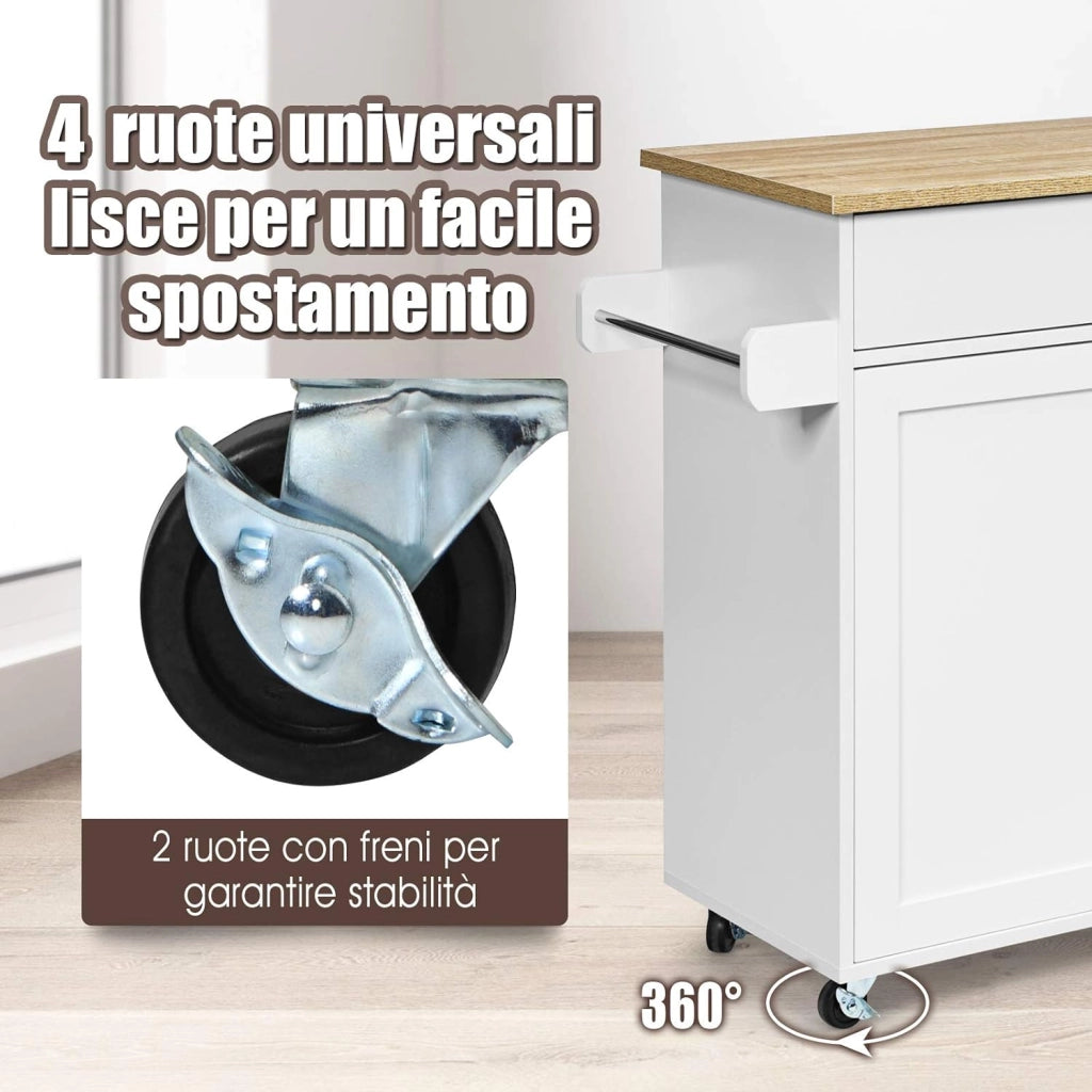 Carrello da Cucina con Ruote di Gomma, Scaffale per Microonde Carrello Servizio, Mobile Cucina con Ripiani e Ante, Credenza Cucina Legno Moderno Elegante, 116 x 37 x 85 cm (Bianco)