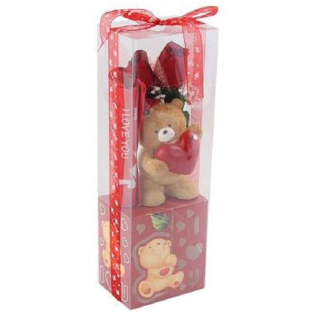 Trade Shop - Orsetto Con Cuore Fiori Confezione Regalo Per San Valentino 10x7.5x30 Cm 63303 -