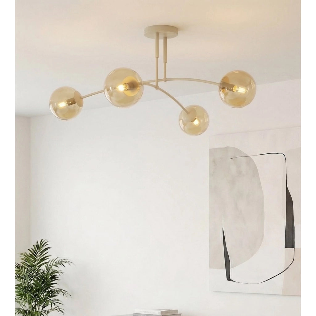 Lampada a sospensione Pregos in acciaio beige e vetro ambrato