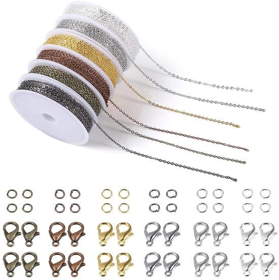 Catene per gioielli 60 piedi - 180 anelli aperti - 60 chiusure a forma di granchio - catene per DIY - prevenzione di strappi - 3 metri per rotolo