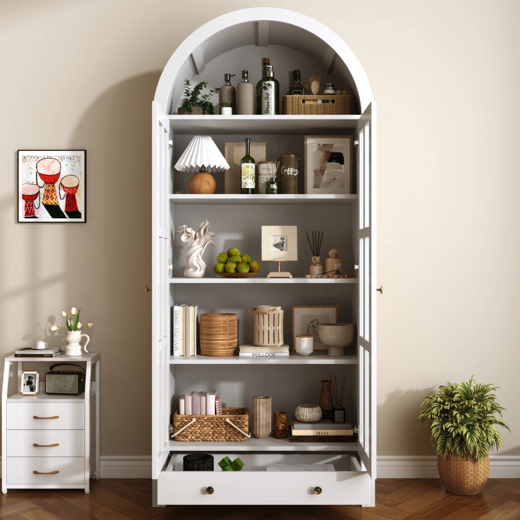 Vetrina ad arco con ripiani e 1 cassetto; per soggiorno; in MDF; 75×35×170.5 cm; bianco