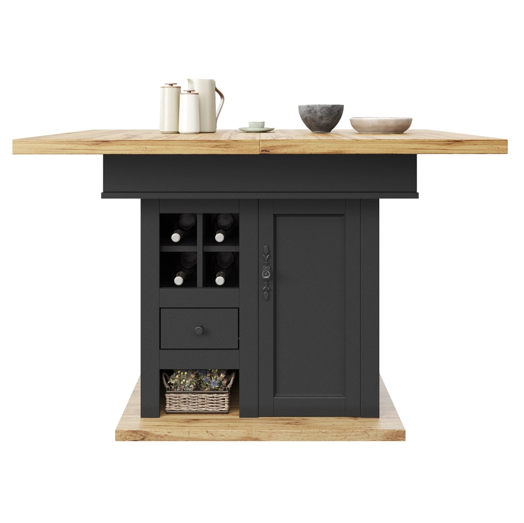 Tavolo da pranzo estensibile 110-140x80 cm con vani contenitore, nero e naturale