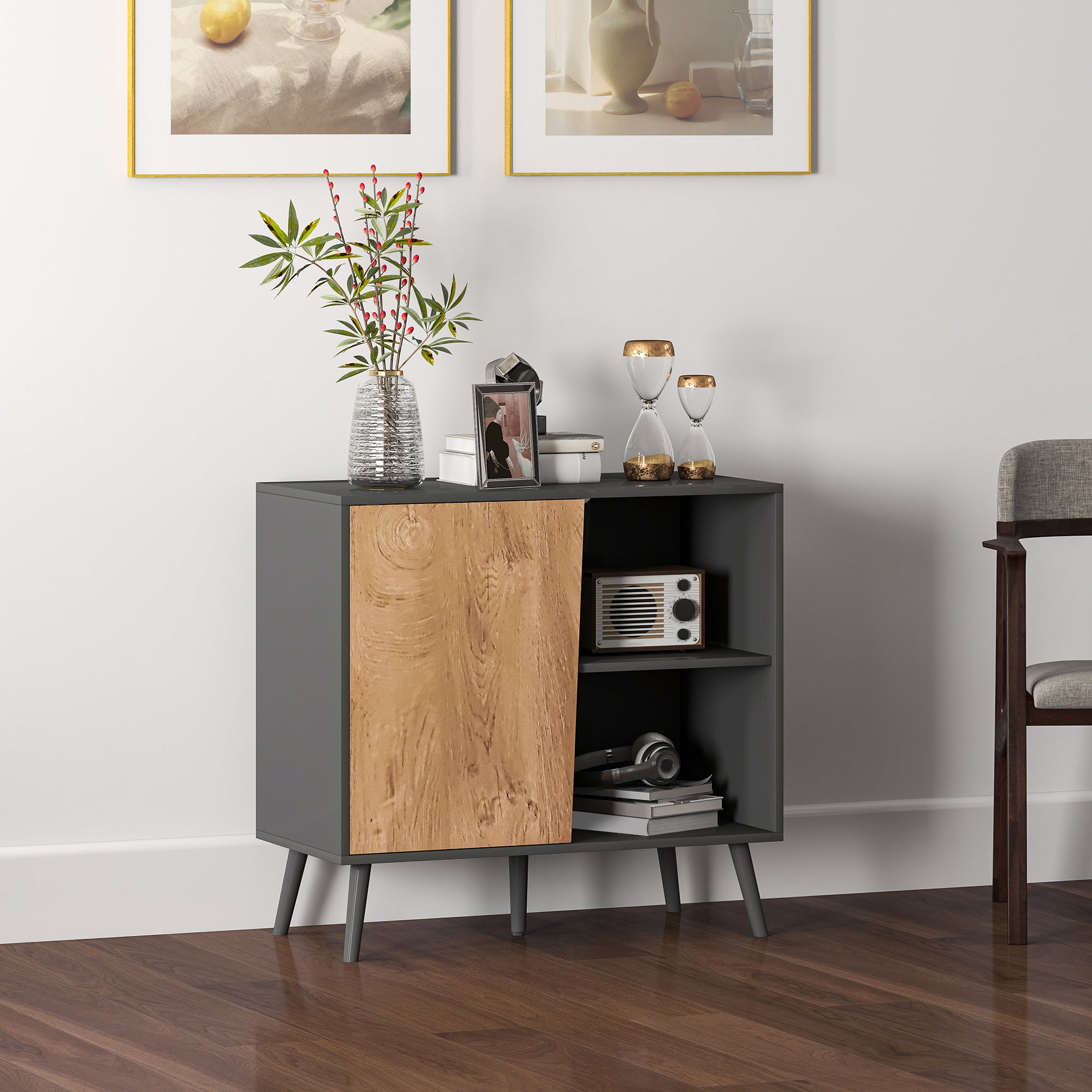 Credenza Moderna Mobile Basso 80x39x76 cm con Armadietto e Vani a Giorno in Legno Grigio Scuro
