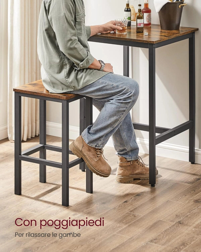 VASAGLE Tavolo Bar con 2 Sgabelli, Cucina Piccolo 60 x 60 x 90 cm, Ogni Sedia di 30 x 40 x 65 cm, Sala da Pranzo, Industriale, Marrone Vintage e Nero LBT017B01