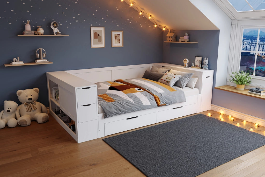 DESMIU Letto Divano 2 Posti con Cassetto Grande, Vani Contenitore e Comodino 140 × 200 cm, Senza Materasso