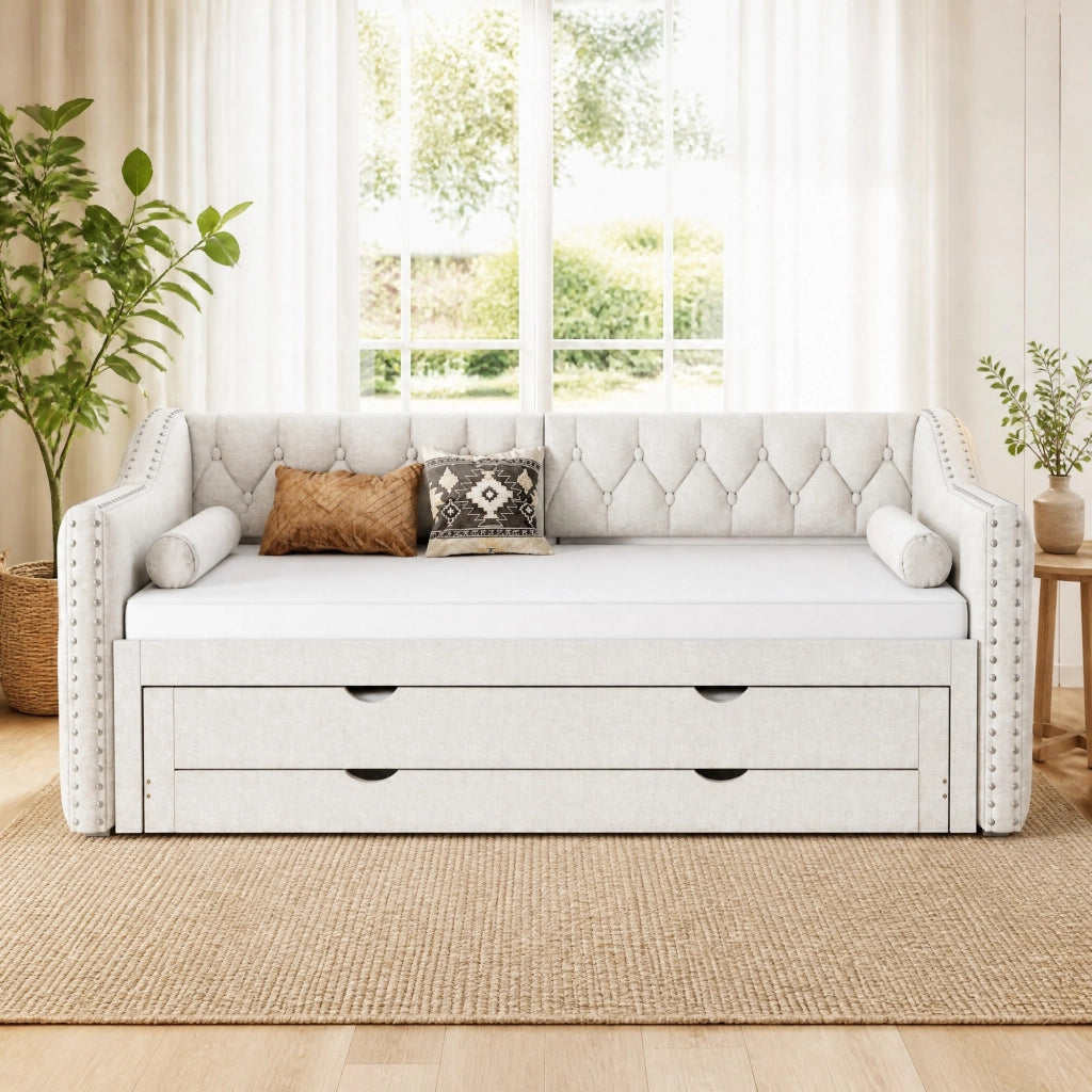 LETTO Giorno 90x200 cm Beige con LED, letto estraibile e 3 cassetti