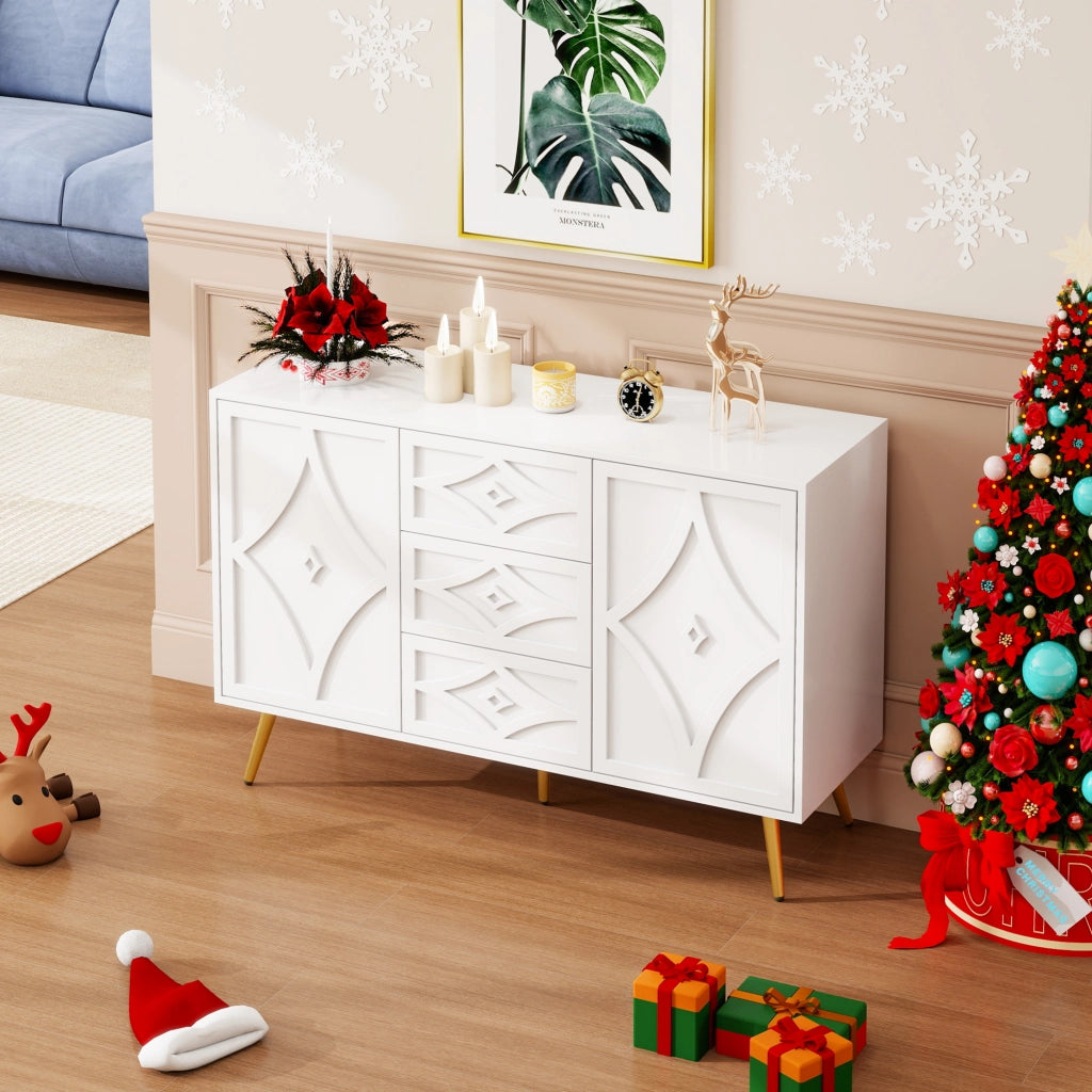 Elegante com¨° con motivo a rombi - Zephmum- 120¡Á40¡Á80 cm- Bianco- 3 cassetti e 2 ante, piedini dorati
