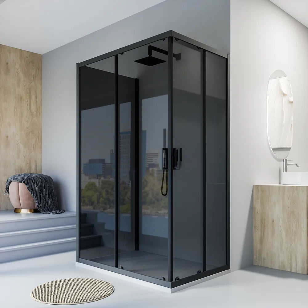 Box doccia nero opaco 3 lati 70x100x70cm con doppio scorrevole e vetro 6mm fumè h185cm | Tonga
