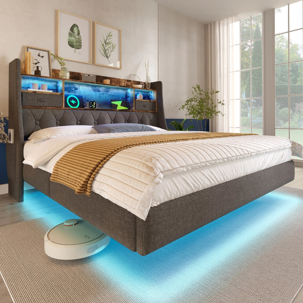 Letto imbottito 160x200 cm con LED; testiera con ripiano e ricarica USB Type-C; grigio