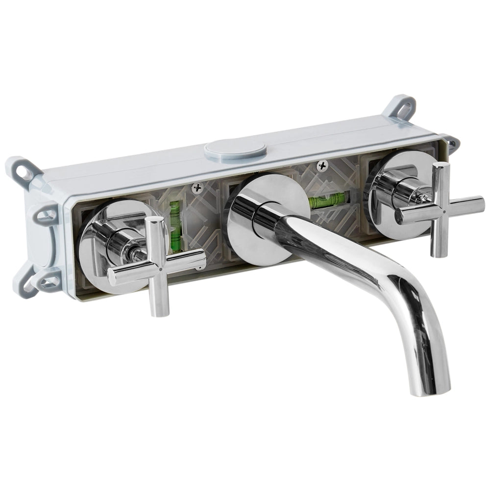 Rubinetto miscelatore per lavabo a parete in ottone color argento con 3 fori e doppia maniglia