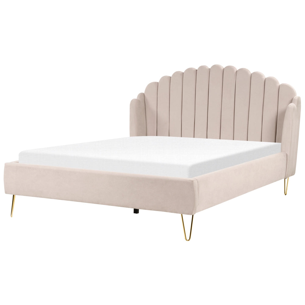 Letto con rete in tessuto poliestere beige chiaro 180 x 200 cm gambe in metallo testata retro capitonné
